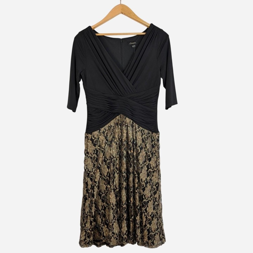 Chaya NWT Black Gold Metallic Lace Cocktail Party Dress 3/4 Sleeve Size 6